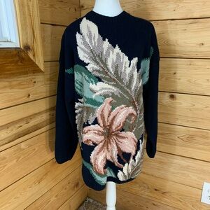 Marisa Christina Vintage Floral Designer Sweater Hand Knit XL Cotton Cottag Gran